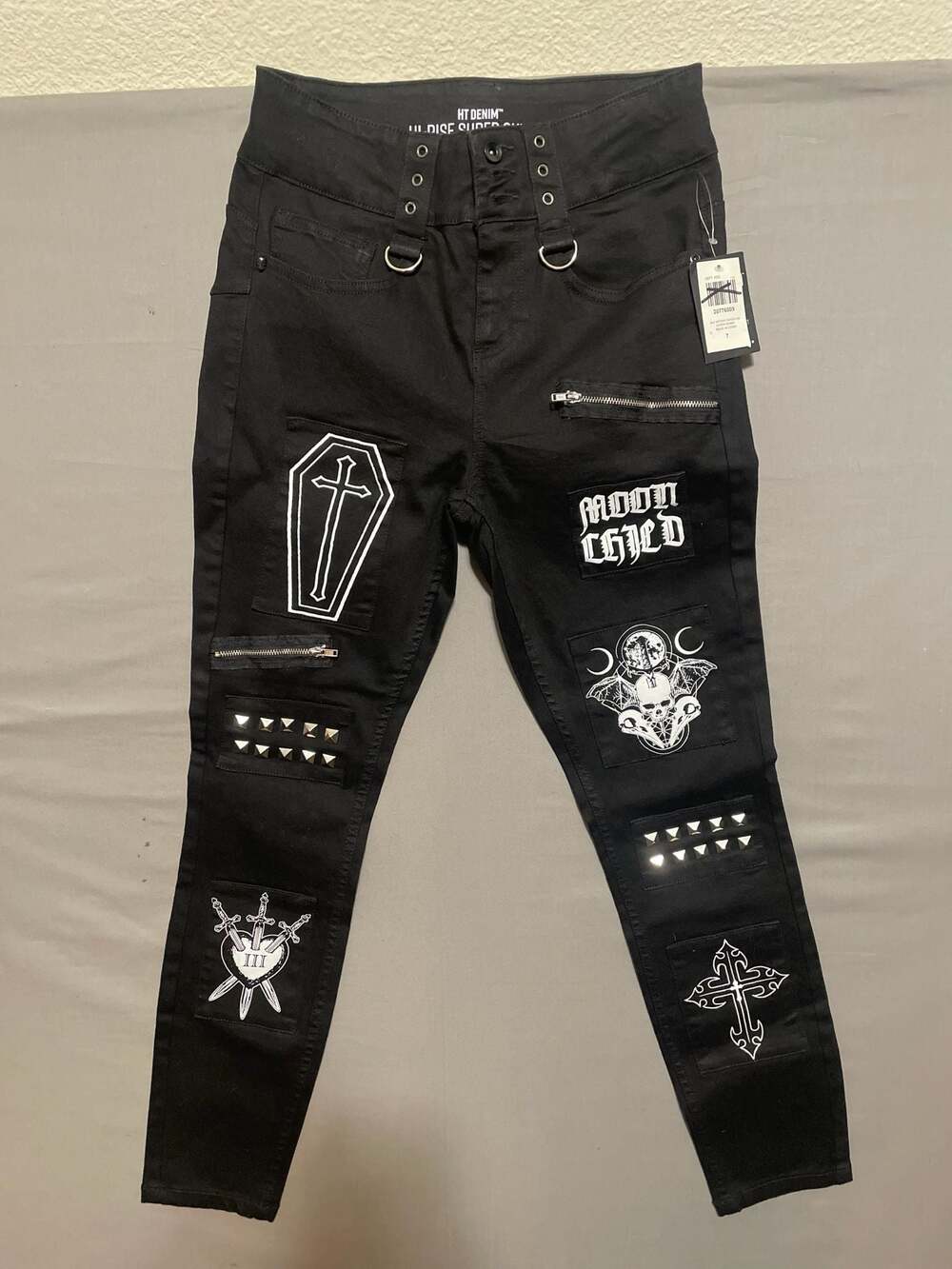 HT Denim Cosmic Aura Black Witchy Patches High-Rise Super Skinny Jeans